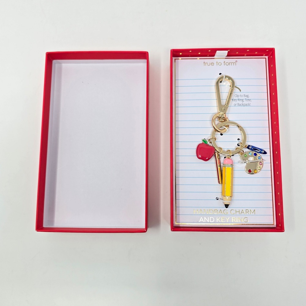 True to Form Teacher Handbag Charm Key Ring Apple Pencil Art Palette Gold Tone